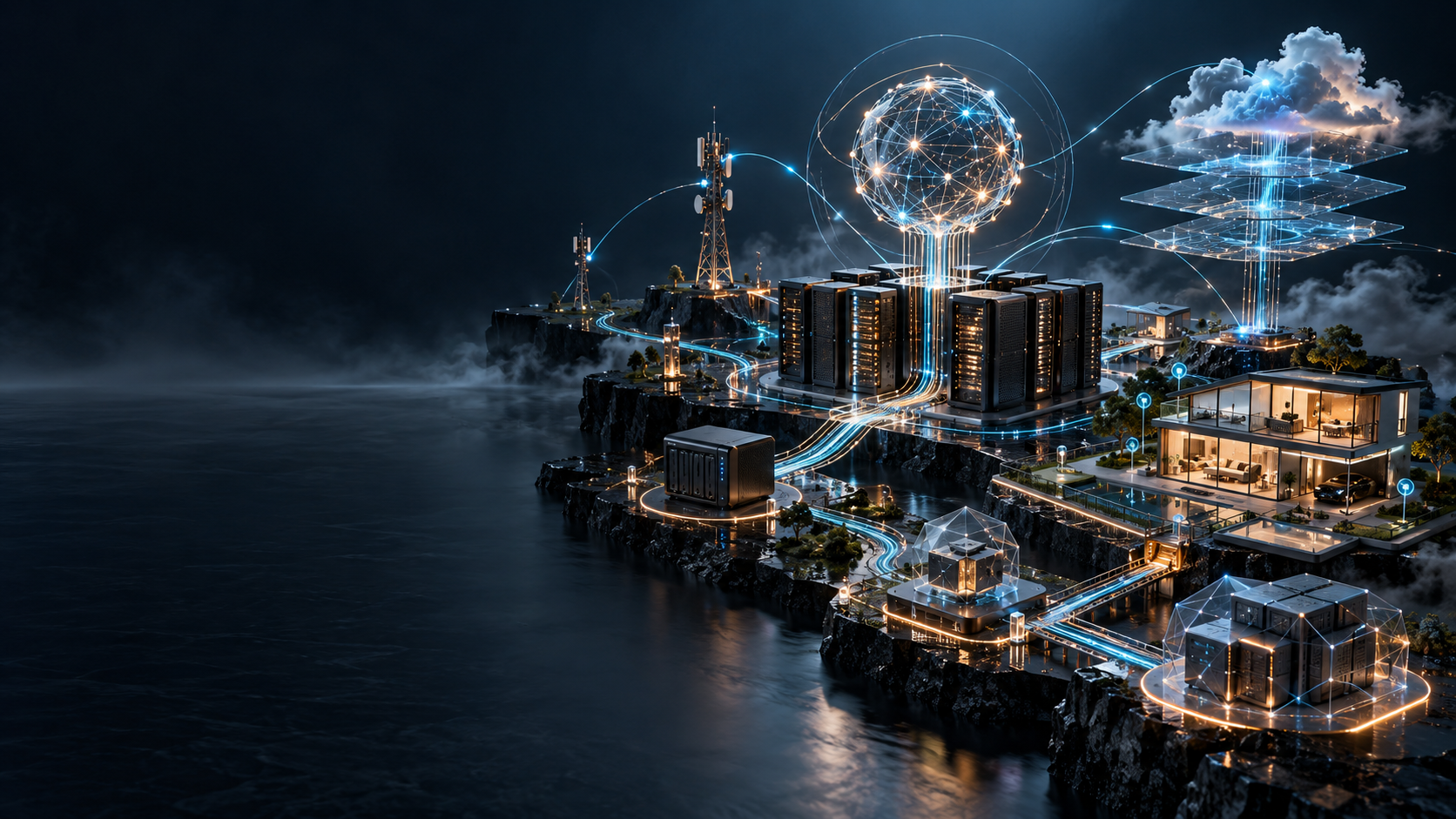 Paysage miniature de serveurs, de réseaux lumineux, d’intelligence artificielle et d’habitat connecté